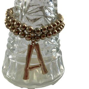 Double Strand Bracelet Letter A Initial Charm Gold Tone Beaded Unbranded